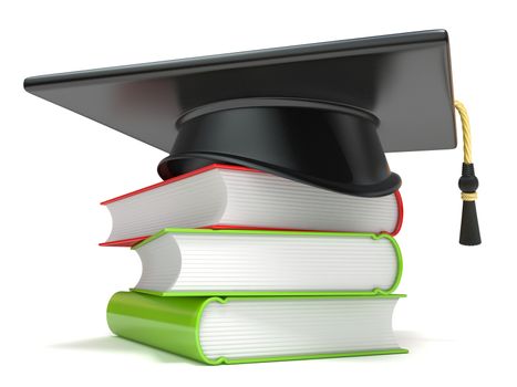 Graduation cap on books. 3D render illustration isolated on white background