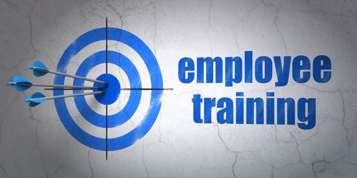 Success Learning concept: arrows hitting the center of target, Blue Employee Training on wall background, 3D rendering