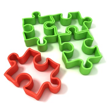 Four jigsaw puzzle outlined pieces. Isolated on a white background Side view