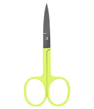 manicure scissors with yellow plastic handles isolated on white