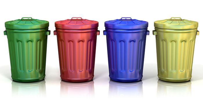 Four recycle bins for recycling paper, metal, glass and plastic. Isolated on white background.