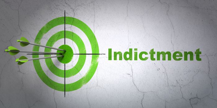 Success law concept: arrows hitting the center of target, Green Indictment on wall background, 3D rendering