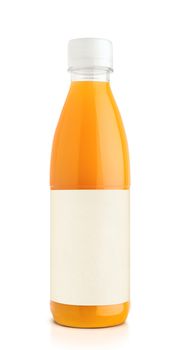Orange juice in plastic bottle on white background