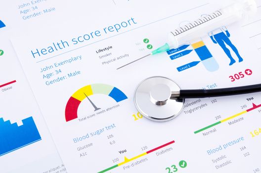 Health condition score report. Stethoscope on medical background.