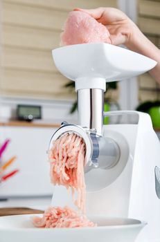 Grinder with minced meat in modern kitchen