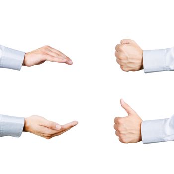 Businessman hands gesture set. Care, give, fist and thumb collection isolated on white background