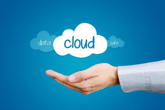 Cloud computing composition - hand and clouds with data and safe words