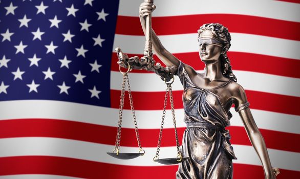 Themis with scale, symbol of justice on USA flag background composition