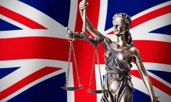 Themis with scale, symbol of justice on UK flag background composition