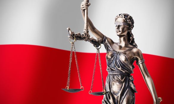 Themis with scale, symbol of justice on Polish flag background composition