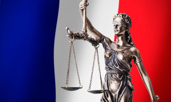 Themis with scale, symbol of justice on French flag background composition