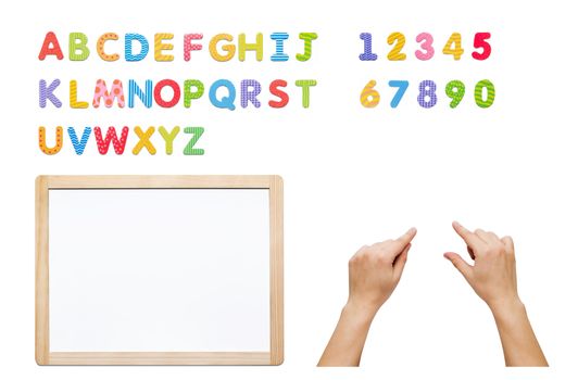 Magnetic alphabet set. Build your word with letters, whiteboard and hands. Kit isolated on white.