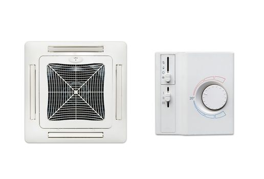 Ceiling air conditioner unit and thermostat set isolated on white background