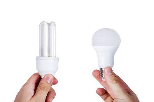 Compare two different types of bulbs. Energy saving lamp or LED choice.