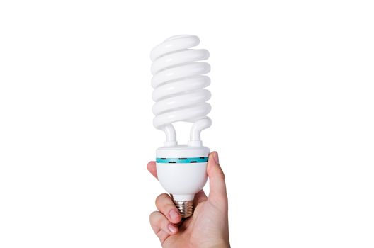 Hand holding energy saving lamp isolated on white background