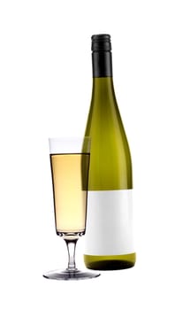 Full white wine glass goblet and bottle isolated