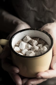 Cup of cocoa with marshmallows in the hand vertical