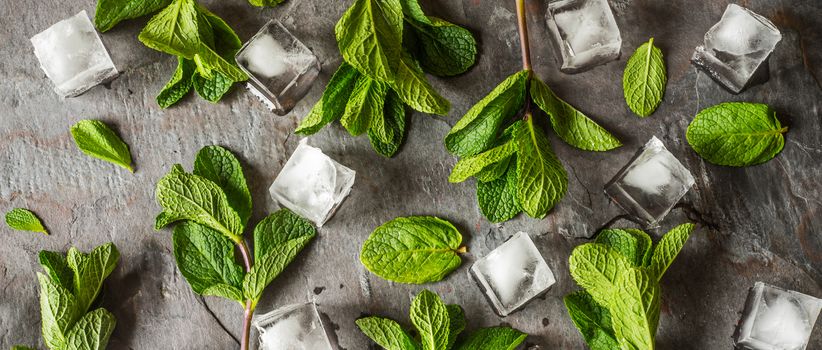 Fresh mint with ice cube on the stone table wide screen