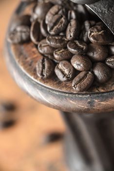 Coffee beans in the coffee mill close-up