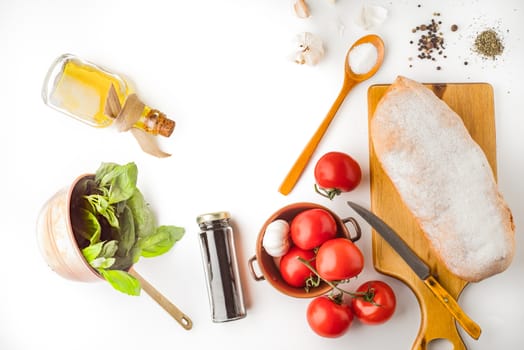 Ingredients for  bruschetta on the white background top view