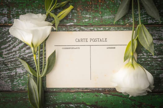 Postcard with white flowers on the shabby wooden table top view