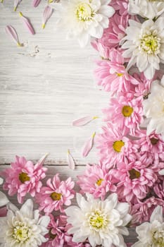 Frame of  white and pink flower on the white wooden table vertical