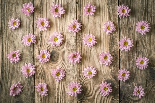 Pattern of pink flowers on the wooden table