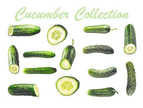 Collage of cucumbers on the white background