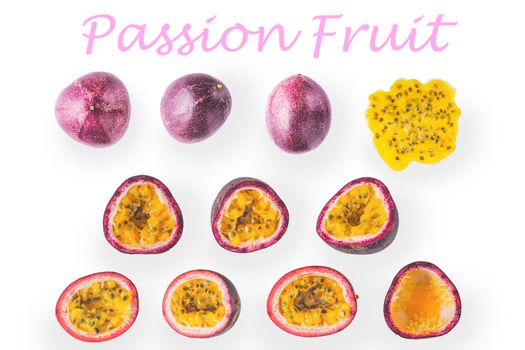 Collage of passion fruit on the white background