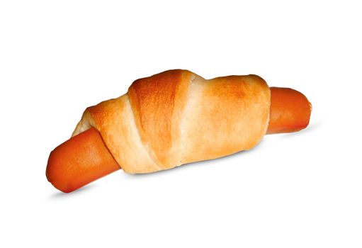 Fried sausage in bread dough isolated on white background
