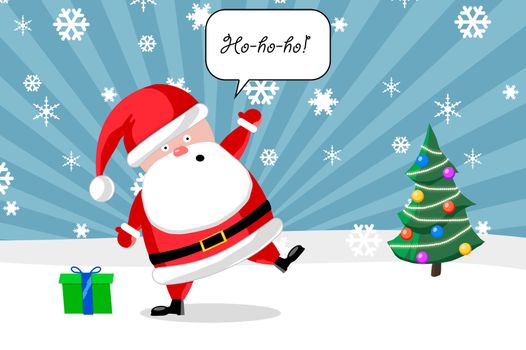 Santa ouside with a present and Christmas tree