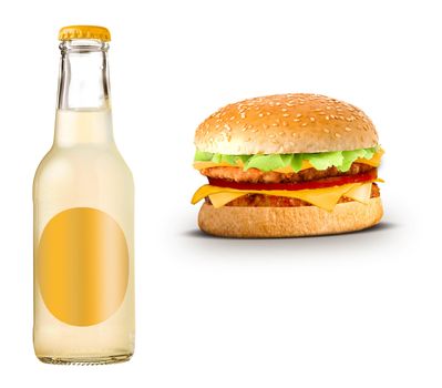 Bottle of yellow lemonade with cheeseburger