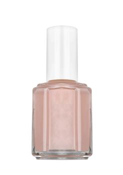 bottle of beige nail polish, white background