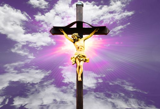 Jesus Christ statue against color backgrounds