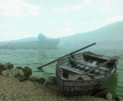 Apocalyptic concept background with old boat on the beach