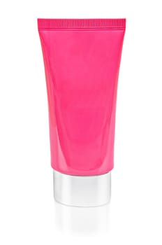 Pink cosmetic plastic bottle isolated on a white background