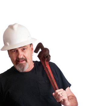 Construction worker with a pipe wrench ready to get to work on the job