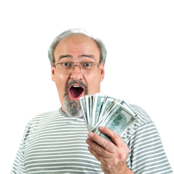 Adult male showing a look of amazement and surprise while holding a handful of one hundred dollar bills of American money.