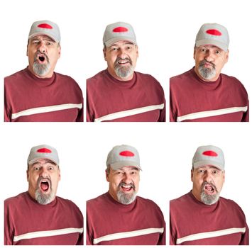 Collection of six varied expressions on a mature man isolated on white backgrounds.