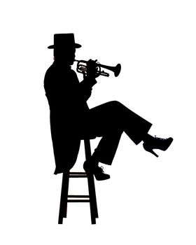 Seated woman trumpet player in silhouette.