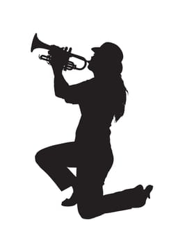 Raster silhouette of a woman kneeling while playing a trumpet.
