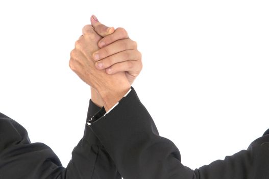 Man and woman shake hands with an upright grip in a sign of solidarity. Isolated on a white background