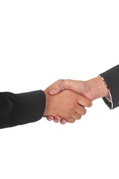 Businesswoman shaking the hand of a male client, isolated on a white background.