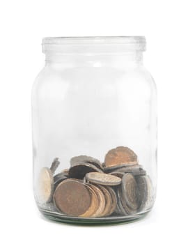 coins in glass savings or tips bottle