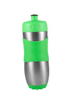 Green metal camping water bottle isolated on white.