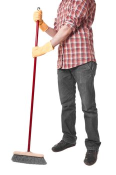 young worker with a broom