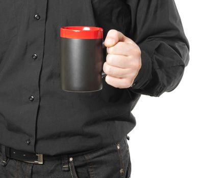 hand holding a cup of coffee on white