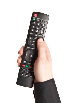 Hand with TV remote control isolated