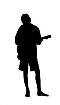 Silhouette of a young boy or girl playing a guitar, while at a beach party