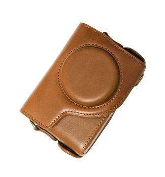 Retro photo camera leather case isolated on white